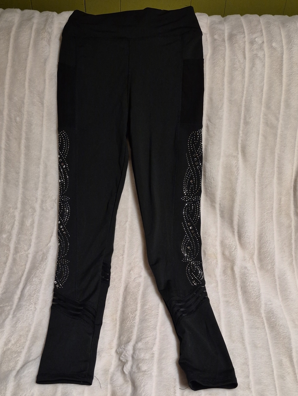 Women's Black Leggings with Rhinestone Side Detail